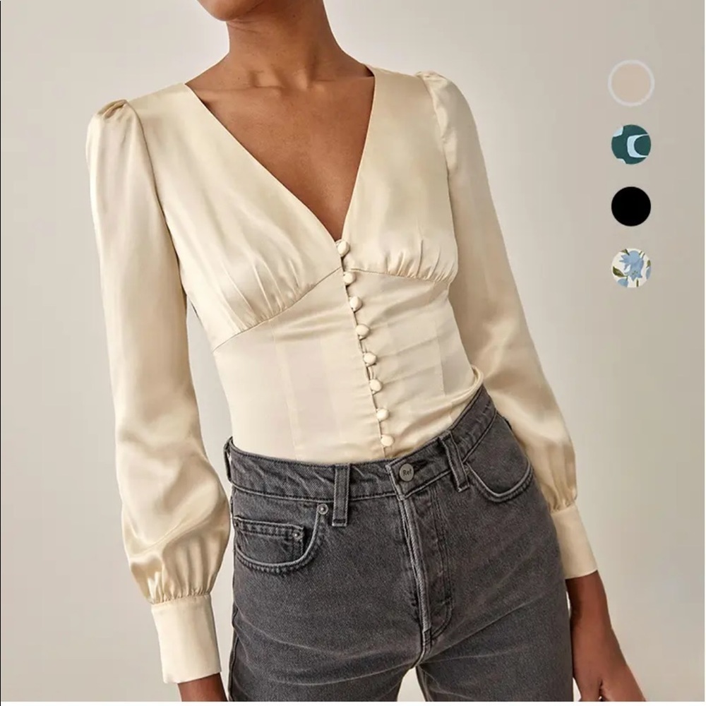 Reformation Silk Long Sleeve Blouse Top Champagne